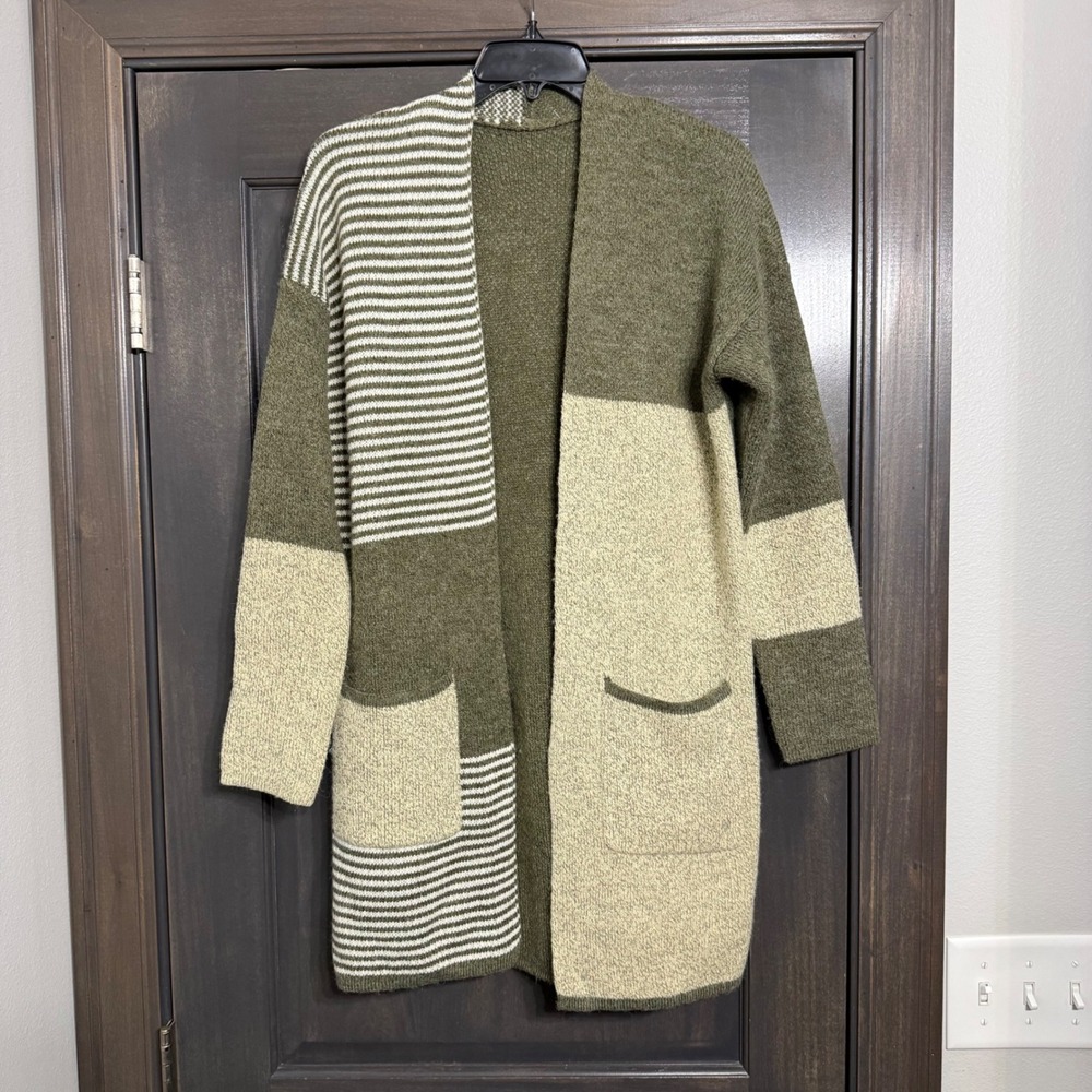 Boutique Colorblock Striped Open Front Cardigan Sweater Olive Green Cream Small